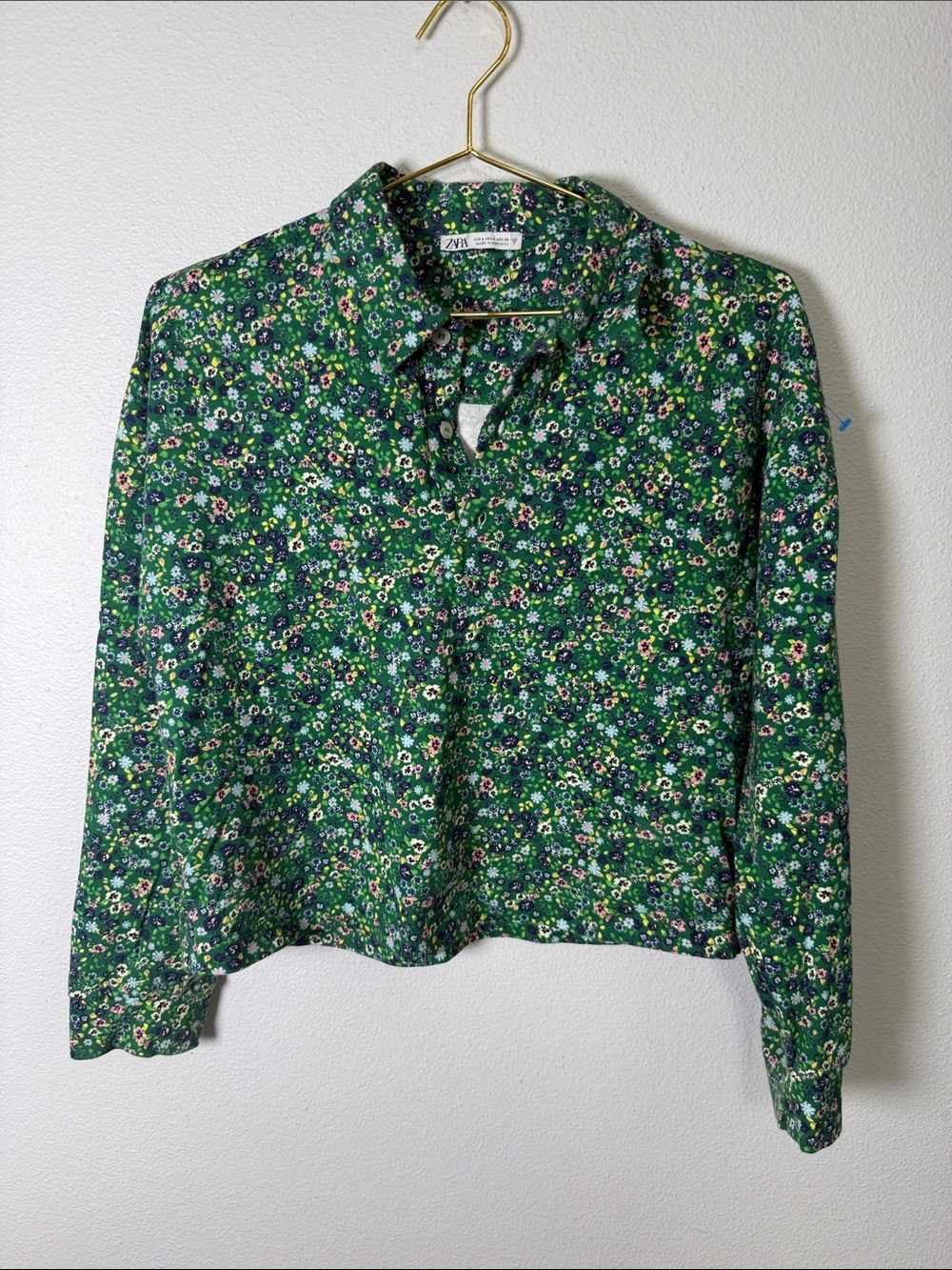 Zara Cropped Polo Shirt women’s Small Green Ditsy Floral Long Sleeve preppy